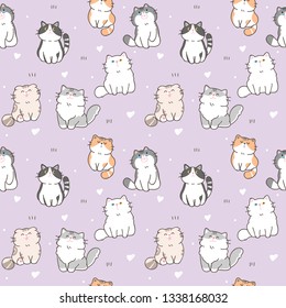 Seamless Pattern of Cute Cartoon Cat Design on Pastel Violet Background