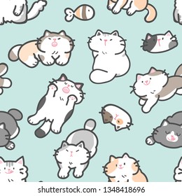 Seamless Pattern with Cute Cartoon Cat Design on Green Background