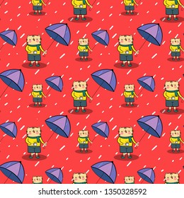 Seamless pattern, Cute cartoon cat under an umbrella with coffee in the morning.