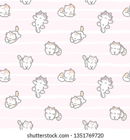 Seamless Pattern of Cute Cartoon Cat Design on Light Pink Background with White Wavy Lines