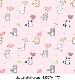 Seamless Pattern of Cute Cartoon Cat with Balloon Design on Pink Background