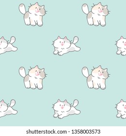 Seamless Pattern with Cute Cartoon Cat Design on Pastel Green Background