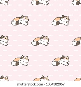 Seamless Pattern of Cute Cartoon Cat Design on Pink Background with White Fish