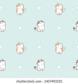 Seamless Pattern of Cute Cartoon Cat Design on Pastel Green Background