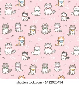 Seamless Pattern with Cute Cartoon Cat Design on Pink Background