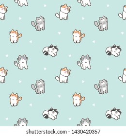 Seamless Pattern of Cute Cartoon Cat Design on Pastel Green Background with White Hearts