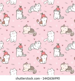 Seamless Pattern of Cute Cartoon Cat Design on Pink Background