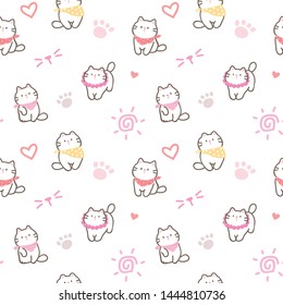 Seamless Pattern of Cute Cartoon Cat Design on White Background