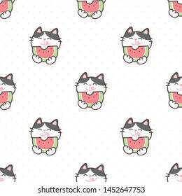 Seamless Pattern of Cute Cartoon Cat with Watermelon Design on White Background with Pink Dots