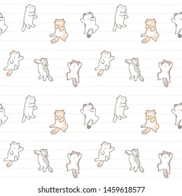 Seamless Pattern of Cute Cartoon Cat Sleeping Posture Design on White Background with Lines