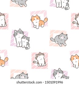 Seamless Pattern Of Cute Cartoon Cat With Square Design On White Background