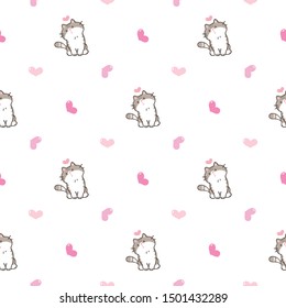 Seamless Pattern of Cute Cartoon Cat and Heart Design on White Background