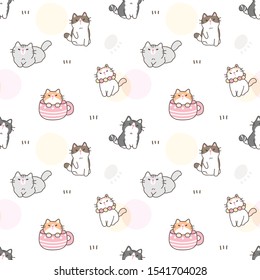 Seamless Pattern of Cute Cartoon Cat Design on White Background