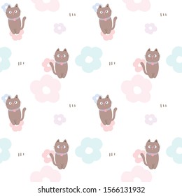 Seamless Pattern with Cute Cartoon Cat and Flower Design on White Background