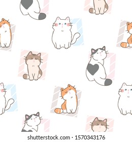 Seamless Pattern of Cute Cartoon Cat and Square Design on White Background