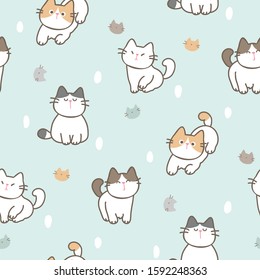 Seamless Pattern with Cute Cartoon Cat Design on Pastel Green Background