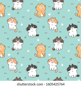 Seamless Pattern of Cute Cartoon Cat and Paw Design Green Background