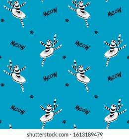 Seamless pattern with cute cartoon cat ballet dancer. Funny animal with paw prints and meow lettering. Flat vector illustration.