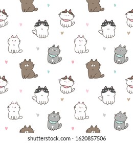 Seamless Pattern of Cute Cartoon Cat Design on White Background