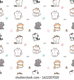 Seamless Pattern of Cute Cartoon Cat Design on White Background