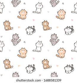 Seamless Pattern of Cute Cartoon Cat and Heart Design on White Background