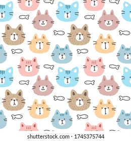 Seamless Pattern of Cute Cartoon Cat Face Design on White Background