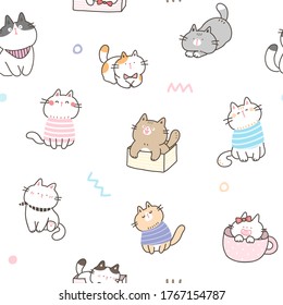 Seamless Pattern of Cute Cartoon Cat Design on White Background