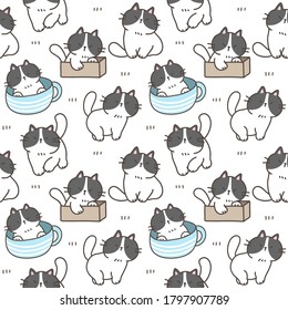 Seamless Pattern of Cute Cartoon Cat Illustration Design on White Background