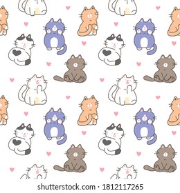 Seamless Pattern of Cute Cartoon Cat Illustration and Pink Heart  Design on White Background