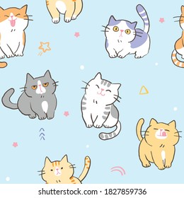 Seamless Pattern with Cute Cartoon Cat Design on Light Blue Background