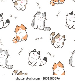 Seamless Pattern with Cute Cartoon Cat Design on White Background