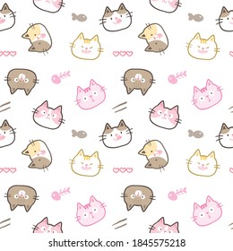 Seamless Pattern with Cute Cartoon Cat Face Design on White Background