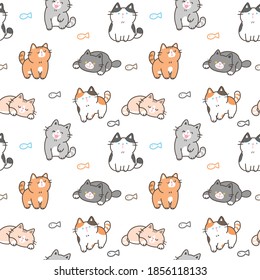 Patrón sin inconvenientes con diseño de ilustración de gatos de dibujos curados en fondo blanco