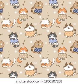 Seamless Pattern with Cute Cartoon Cat Illustration Design on Light Brown Background