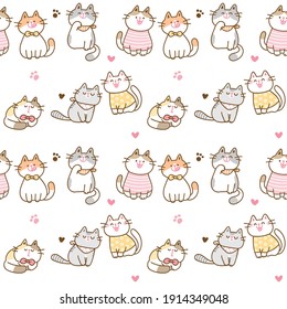 Seamless Pattern with Cute Cartoon Cat Illustration Design on White Background