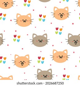 Seamless pattern with cute cartoon cat and heart for fabric print, textile, gift wrapping paper. colorful vector for textile, flat style