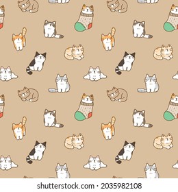 Seamless Pattern with Cute Cartoon Cat Illustration on Light Brown Background