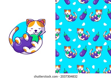 Seamless pattern cute cartoon cat with eggplant