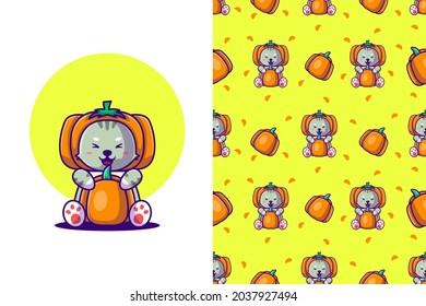 Seamless pattern cute cartoon cat with pumpkin happy halloween