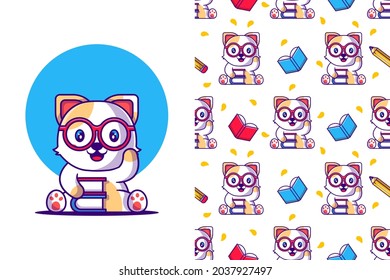 Seamless pattern cute cartoon cat with book