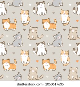 Patrón sin foco con diseño de gato y corazón de dibujos animados en fondo gris claro