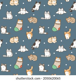 Seamless Pattern with Cute Cartoon Cat Illustration on Dark Blue Background