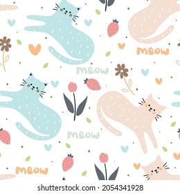 Seamless pattern with cute cartoon cat and flower for fabric print, textile, gift wrapping paper. colorful vector for textile, flat style