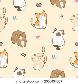 Patrón sin inconvenientes con diseño de gatos de dibujos animados en fondo amarillo claro
