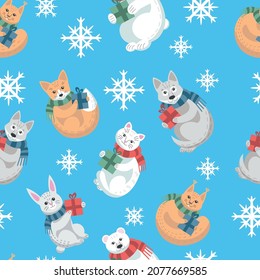 Seamless pattern of cute cartoon cat, bunny, squirrel, wolf, fox and polar bear with Christmas gifts surrounded by snowflakes. Friendly animals with Christmas presents in flat style.