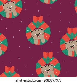 seamless pattern cute cartoon cat and christmas accessories. for fabric print, gift wrapping paper