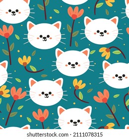 Seamless pattern cute cartoon cat and flowers. for kids wallpaper, fabric pattern, gift wrapping paper
