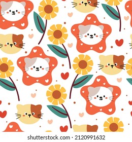 Seamless pattern cute cartoon cat and plant. vector illustration for kids wallpaper, fabric print, gift wrapping paper