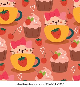 seamless pattern cute cartoon cat inside a cup with strawberry and cherry cupcake. cute background for kids, textile