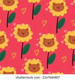 seamless pattern cute cartoon cat flower in pink background